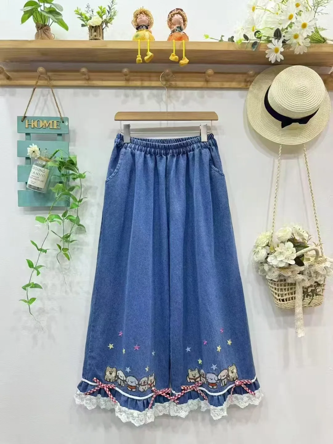 New 2025 Autumn Cotton Denim Trousers, Women Elastic Waist Embroidery Lace Bow, Mori Girl French Retro Wide Leg Jeans B58526CC