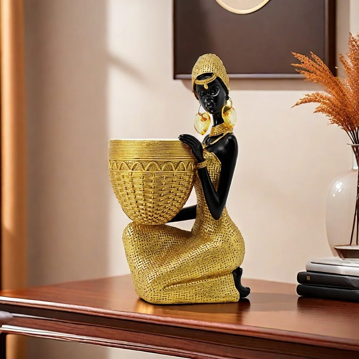 

African Girl Holding a Plate Sculpture, Home and Office Decorative Storage Ornament, Vintage Collectible Craft Deskt Decor