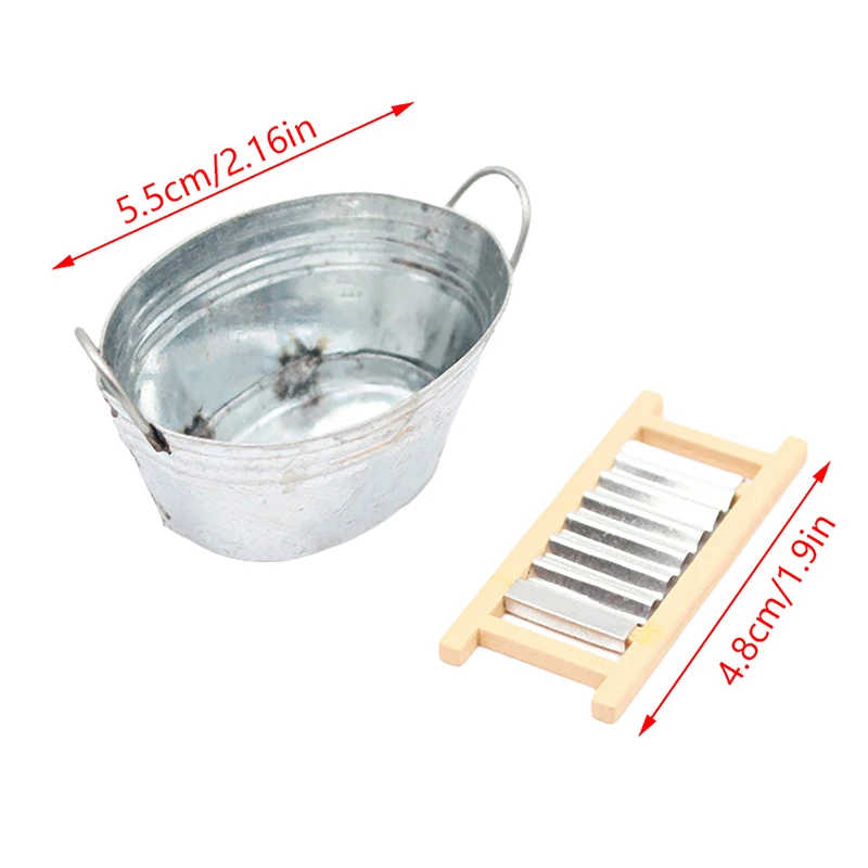 1Set 100% nieuwe en hoge kwaliteit Poppenhuis Miniatuur Wasbord Ijzeren Emmer Badkamer Model Decor Speelgoed Poppenhuis Accessoires