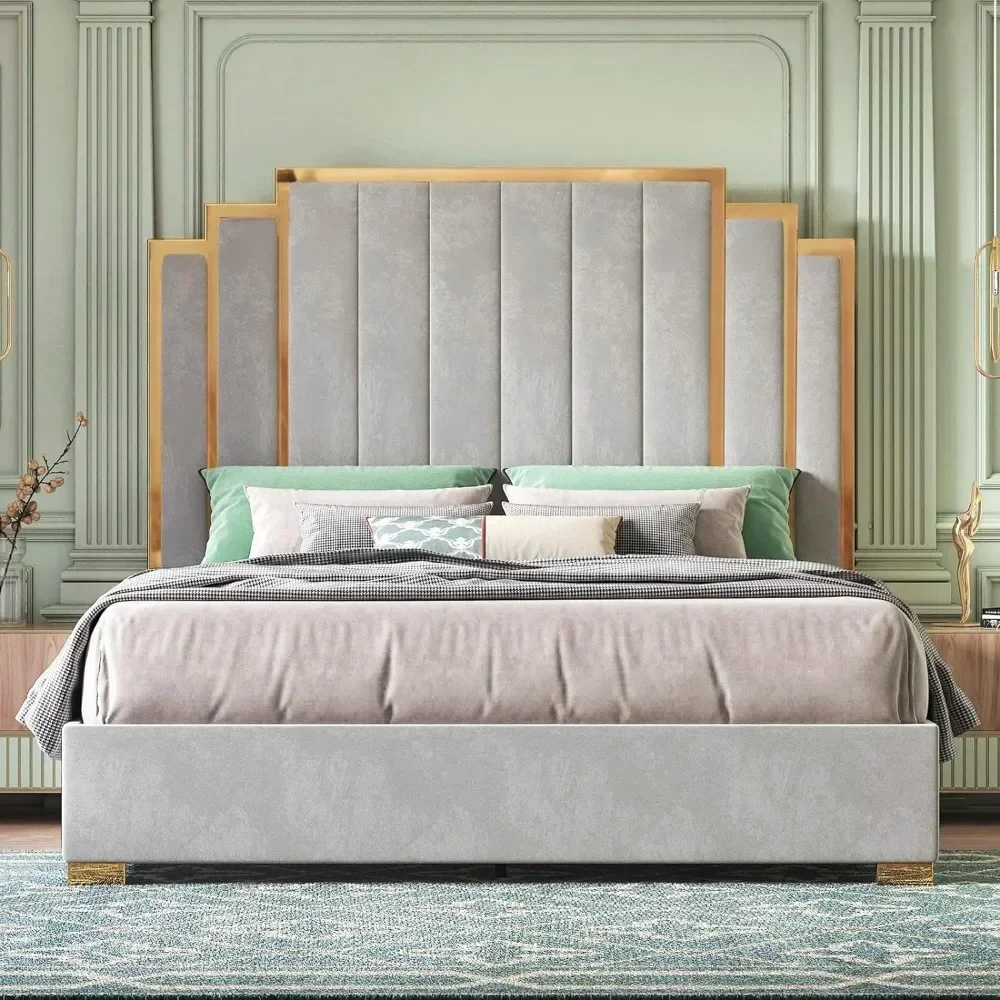 

Queen Size Bed Frame and 61" Headboard, Upholstered Bed with Golden Plating Trim, Modern Platform Bed No Box Spring Needed