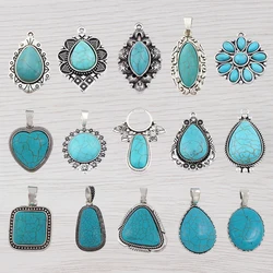 2Pcs Antique Silver Color Large Imitation Turquoise Stone Charms Pendants for DIY Necklace Jewellery Making Findings Accessories