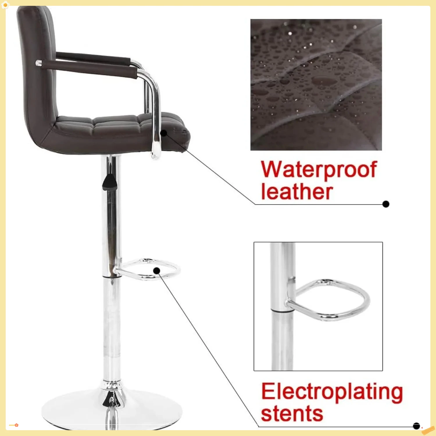 Juego de 2 taburetes de bar giratorios ajustables modernos, taburetes de mostrador de cuero PU con reposabrazos para bar de cocina y pub en casa