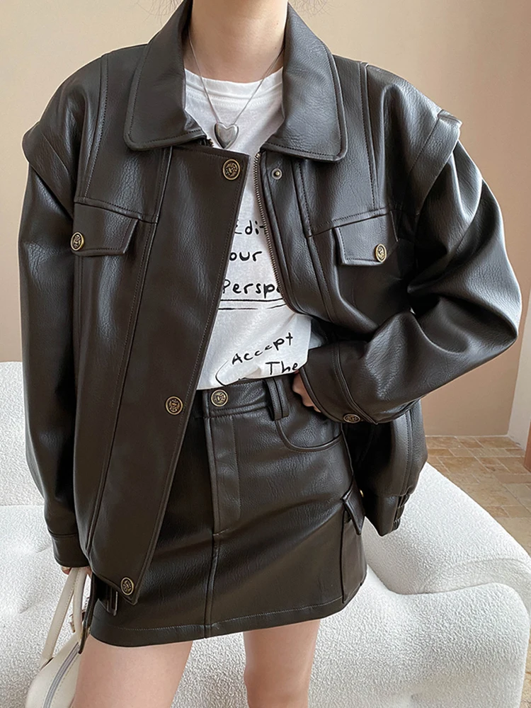 YERMORA Vrouwen Koffie PU Leer Vintage Jas Revers Lange Mouw Twee Delige Set Half Body Rok Mode Tij Lente Herfst 2025
