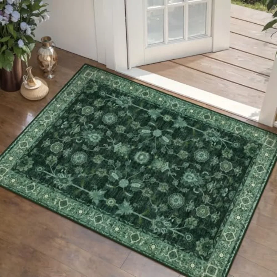 

Floral Rug 2x3 Small Area Rugs Dark Green Washable Rug for Entryways NonSlip Entry Rugs Distred Floor Carpet Soft Low Pile Doo