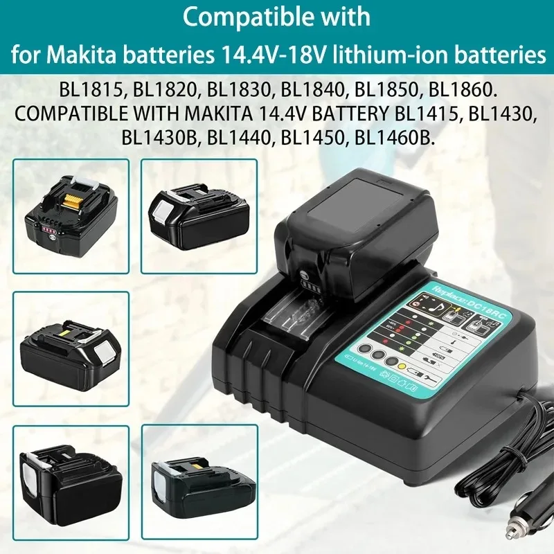 DC18RC Portable Fast Charger/Car Charger for Makita 18V/14.4V Li-ion Battery (Cigarette Lighter Plug) with LED Screen