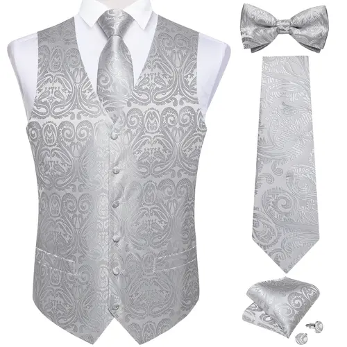 Men Black Paisley Vest Necktie Bowtie Pocket Square Cufflinks Dress Set жилетка мужская Classic 5 PCS Business Waistcoat for Man - Image 15