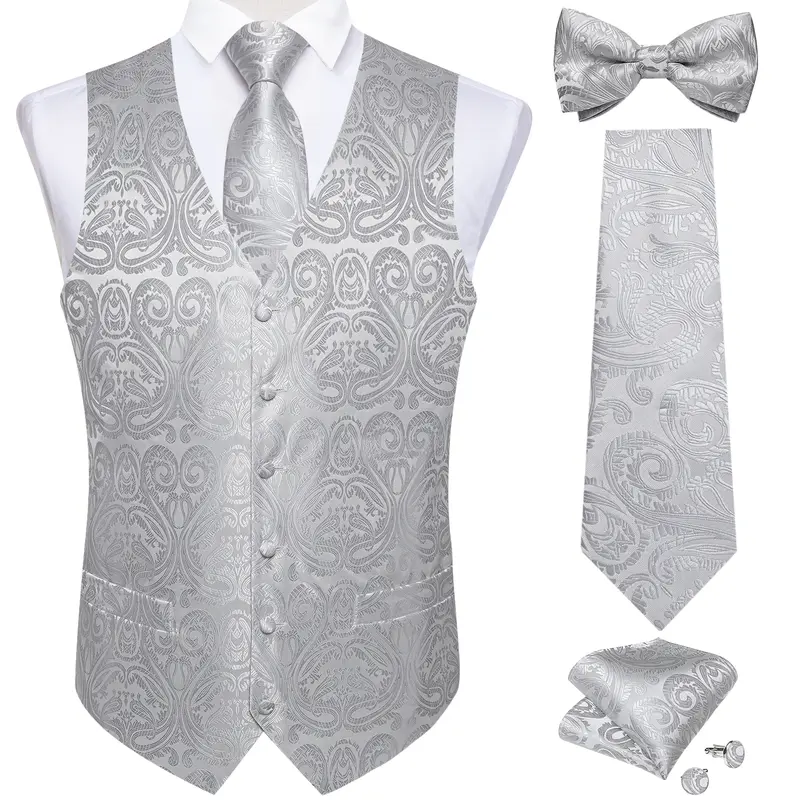 Men Black Paisley Vest Necktie Bowtie Pocket Square Cufflinks Dress Set жилетка мужская Classic 5 PCS Business Waistcoat for Man - Image 15