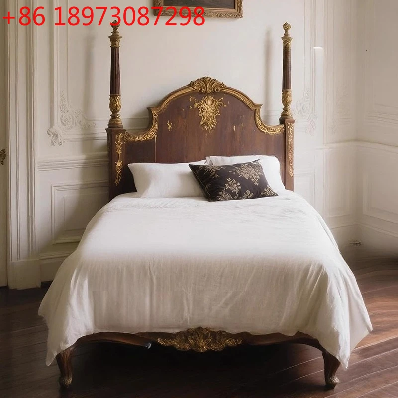 

Французская ретро-раскрашенная золотом двуспальная кровать из массива дерева, резная односпальная кровать в главной спальне