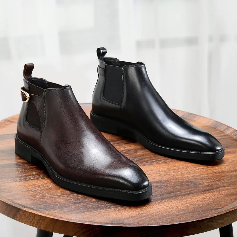 

Мужские ботинки из натуральной коровьей кожи, коричневые, класса люкс, для деловых костюмов, зимние