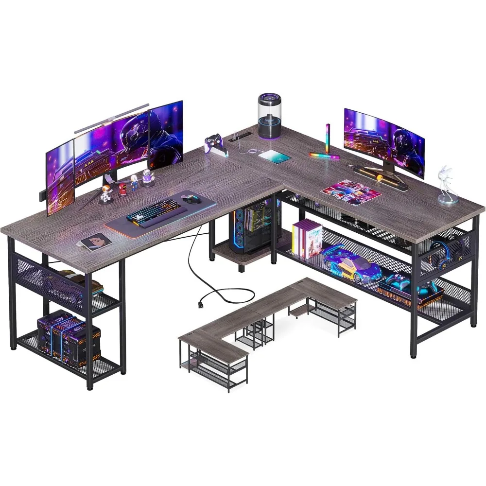 L Shaped Desk with Power Outlet and USB Charging Ports, Reversible L Shaped Computer Desk with Storage Shelves, Home Off