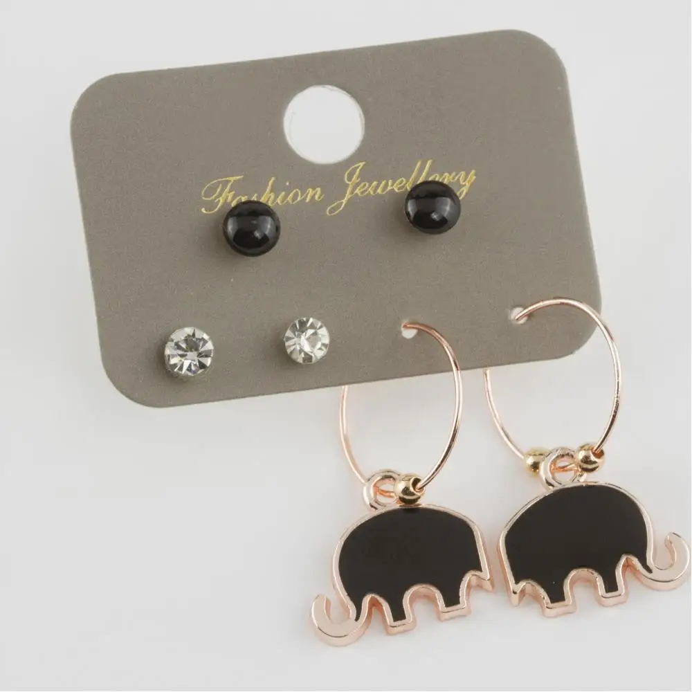 6'lı Elephant Figured Cabochons Ring Earrings