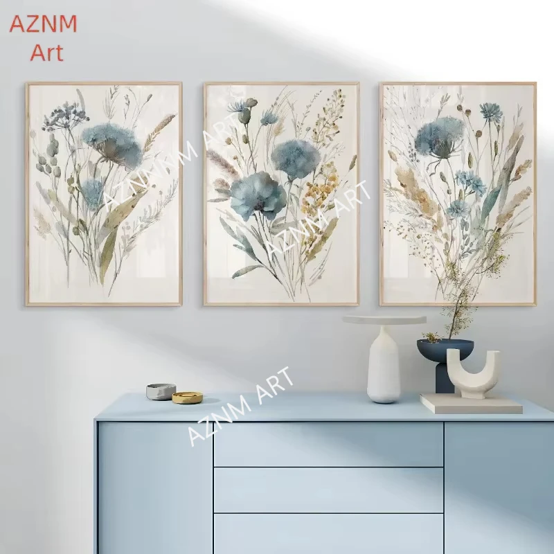 1/3PCS, Vintage Blau Beige Wilde Blumen Minimale Botanische Bauernhaus Kunst Poster Leinwand Malerei Wand Druck Bild Wohnzimmer