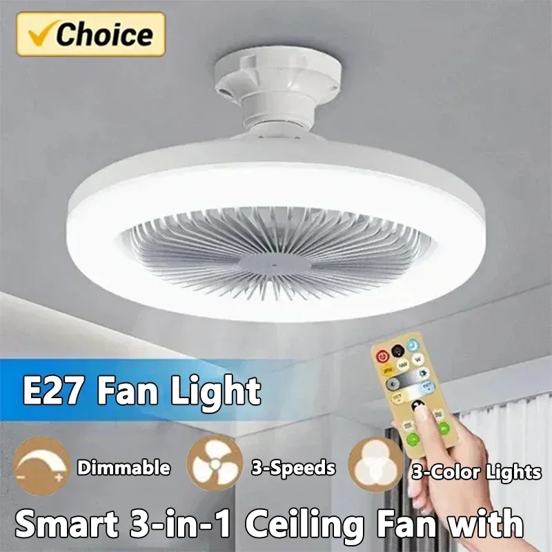 Smart 3-in-1 Ceiling Fan with Remote Control and 3-Speed E27 AC85-265V Lighting Base for Bedroom and Living Room Lighting