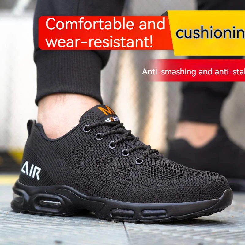 Safety Shoes Men Steel Toe Boots Air Cushion Work Sneakers Lightweight Anti-smash Anti-puncture Work Shoes Black Size 40-48