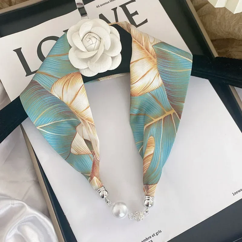 Luxury Design Magnetic Button Summer Silk Scarf Women Magnetic Pearl Necklace Scarves High End Matching Shirt Scarf Lady