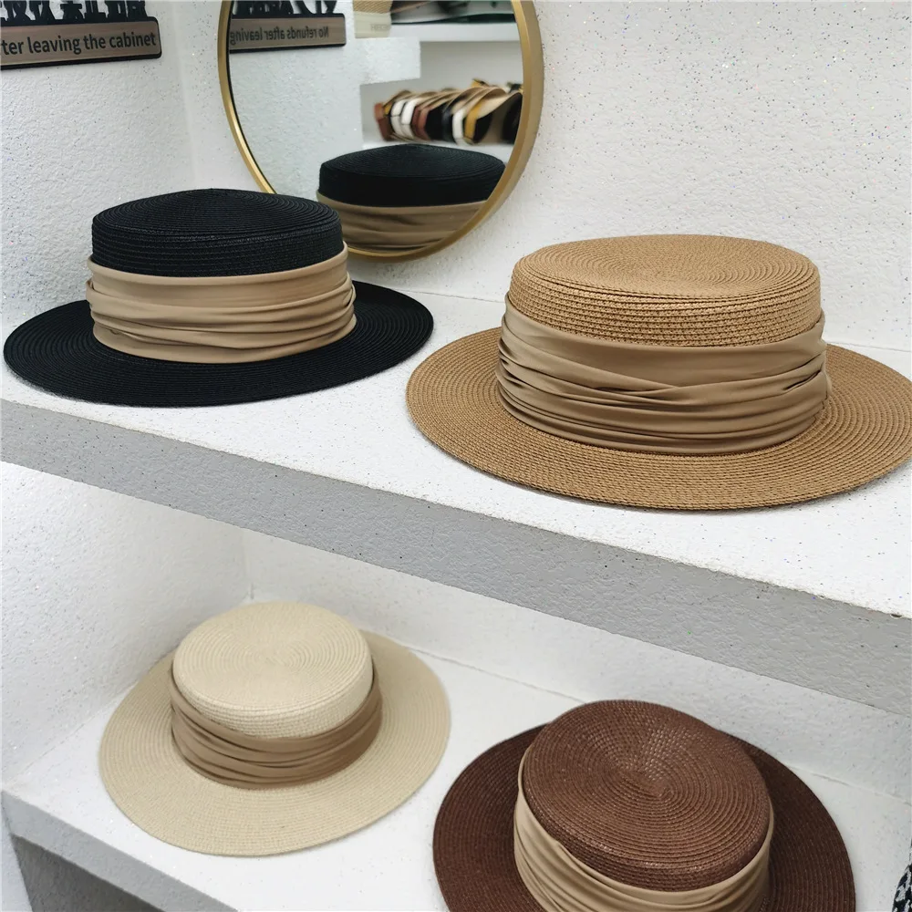 New Fedoras Summer Women's Boater Beach Hat Wide Side Female Casual Panama Hat Lady Classic Flat Bowknot Straw Sun Hat Women