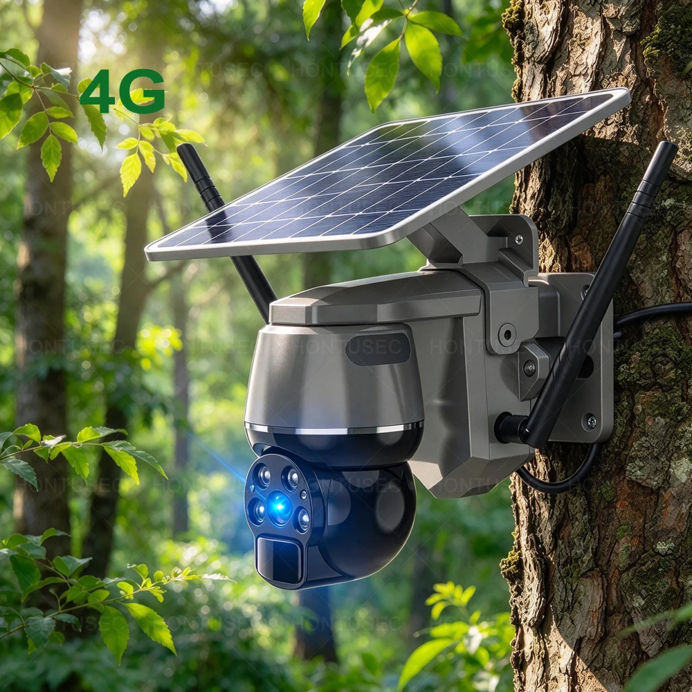 HONTUSEC 4G Solar PTZ Outdoor 3MP Solar Camera Wifi Built-in Rechargeable Battery PIR Detect Two Way Audio Surveillance Camera