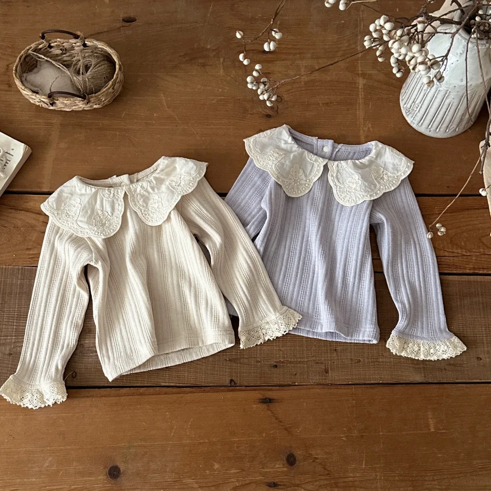 2026 Spring 6M-4Y Fall Toddler Girl Peter Pan Collar T-shirts Lace Ruffle Cuff Long Sleeve Shirt Daily Blouse Baby Top