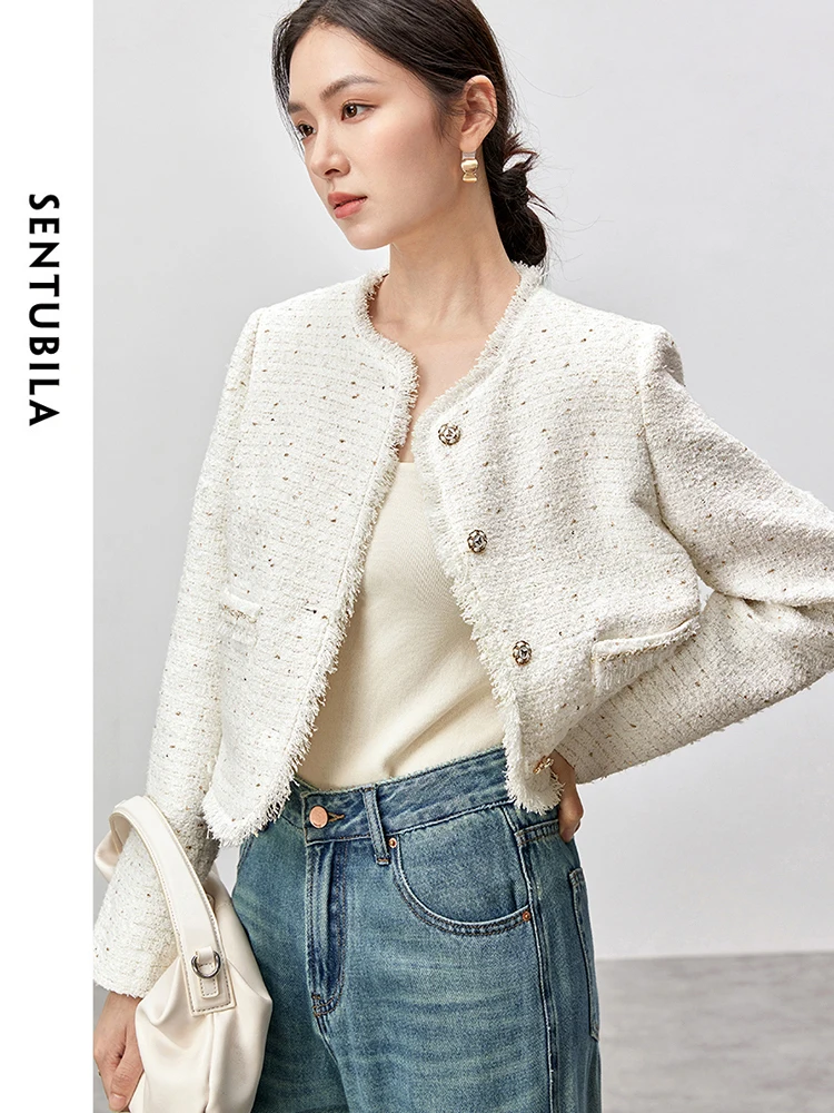 SENTUBILA Luxury Sequins Tweed Jackets for Women 2024 Autumn O Neck Long Sleeve Single Breasted Texture Elegant Tops 143W56006