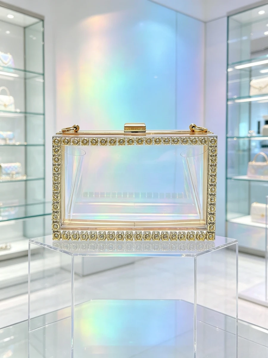 Clear Acrylic Gold Frame Full Rhinestone Square Chain Box Clutch Luxury Minimalist Evening Purse Mature Women Wedding Handbag