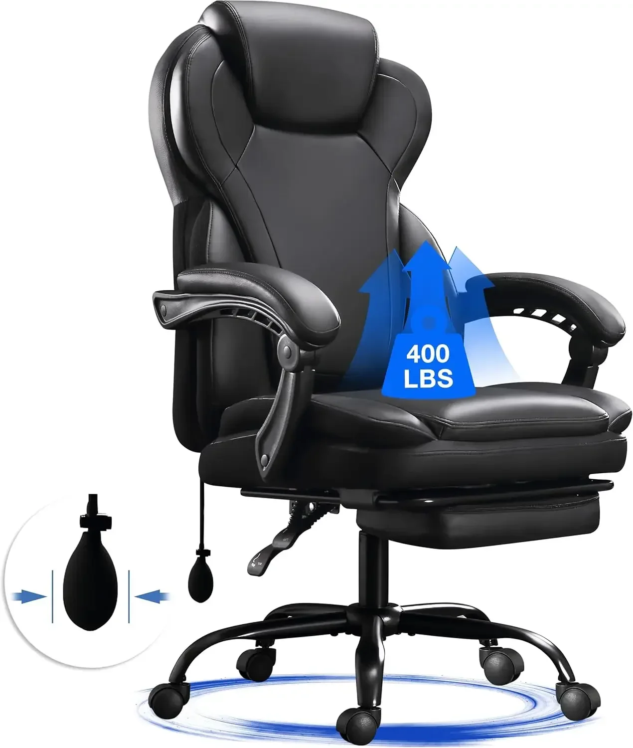 

Big and Tall Office Chair 400lbs, Executive Office Chair, Reclining Office Chair with Footrest, High Back Leather Home Office.