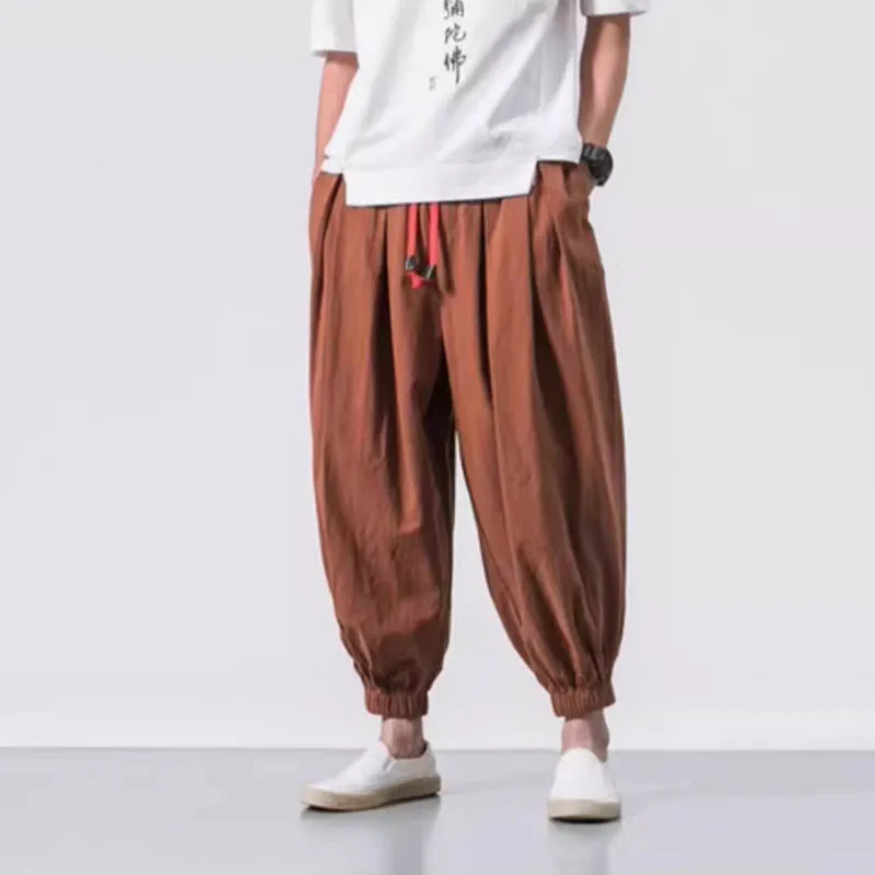 Thin linen pants  loose wide leg eight quarter pants  men's seven quarter pants  summer lantern pants  leg tied harem pants  cot