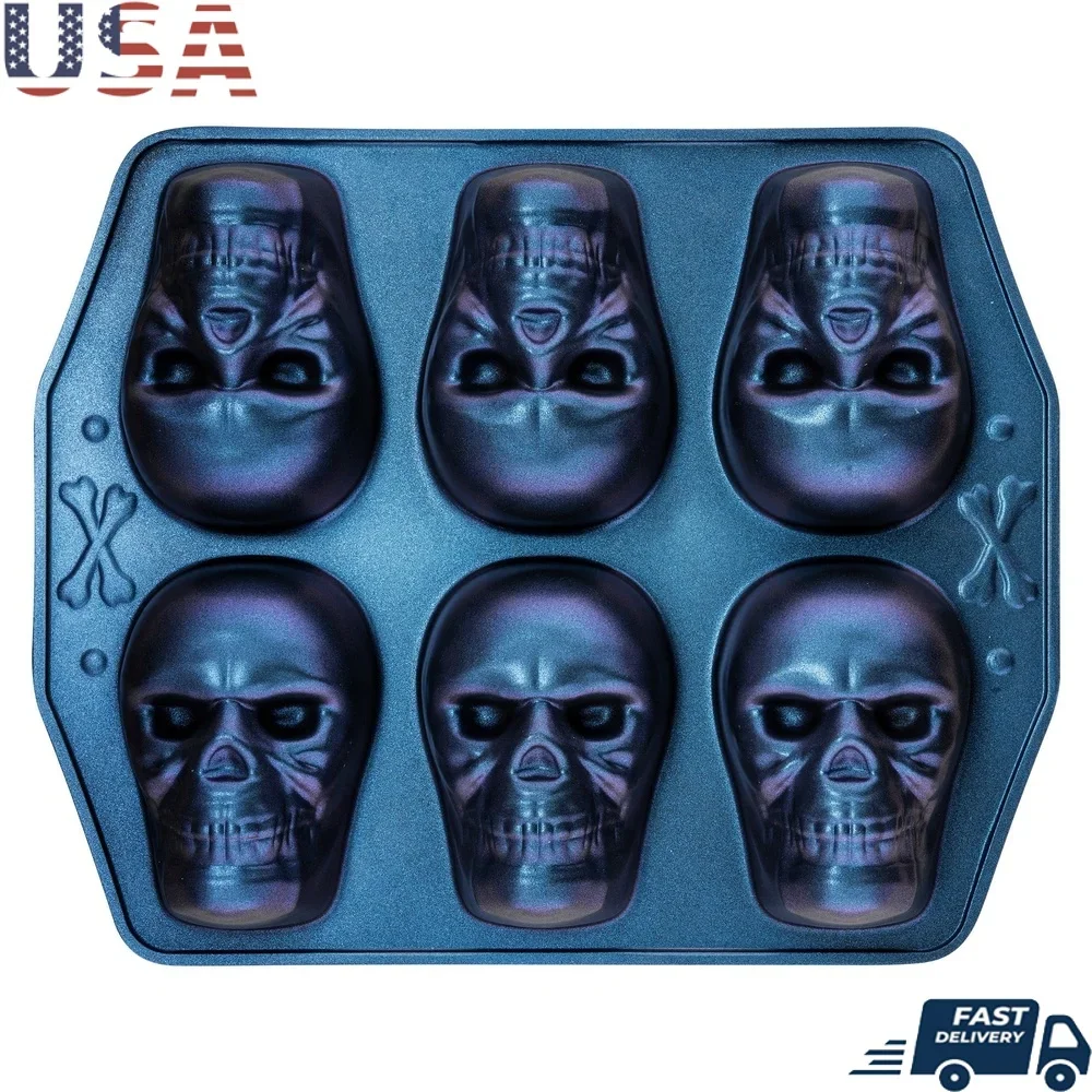 طريقة احتفال مقلاة خبز من الألومنيوم المصبوب على شكل جمجمة ذات 6 تجويف قزحي الألوان