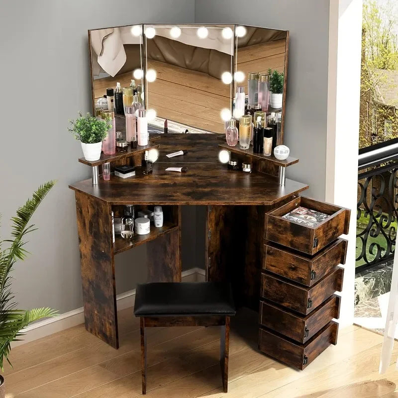 Vanity with Lights - Vanity Desk with 3 Color Lighting Options, Brightness Adjustable, Vanity Table with 5 Rotating Drawers