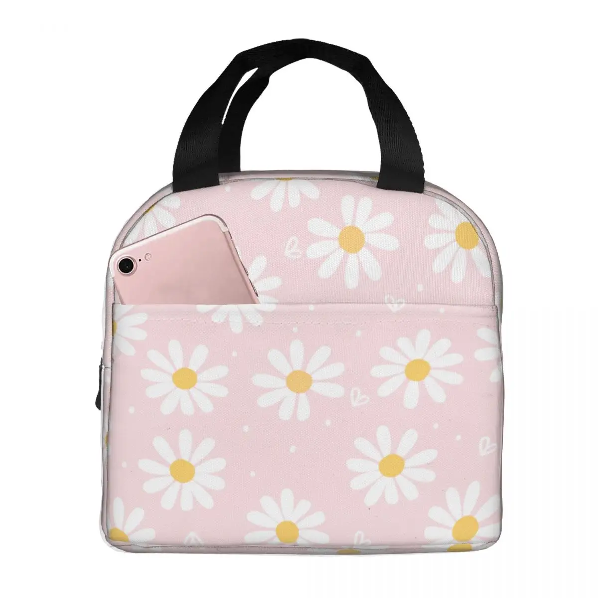 Pink Daisy Flower Lunch Bag Waterproof Insulated Oxford Cooler Pink Floral Thermal Cold Food Picnic Work Lunch Box for Women