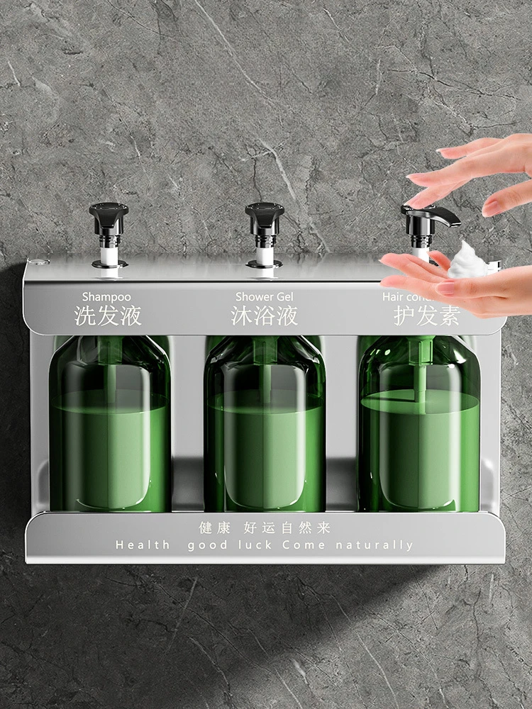 Dispenser di sapone liquido + set di staffe in acciaio inossidabile Shampoo Bottiglia di spinta in ABS per cucina/bagno montata a parete senza perforazione