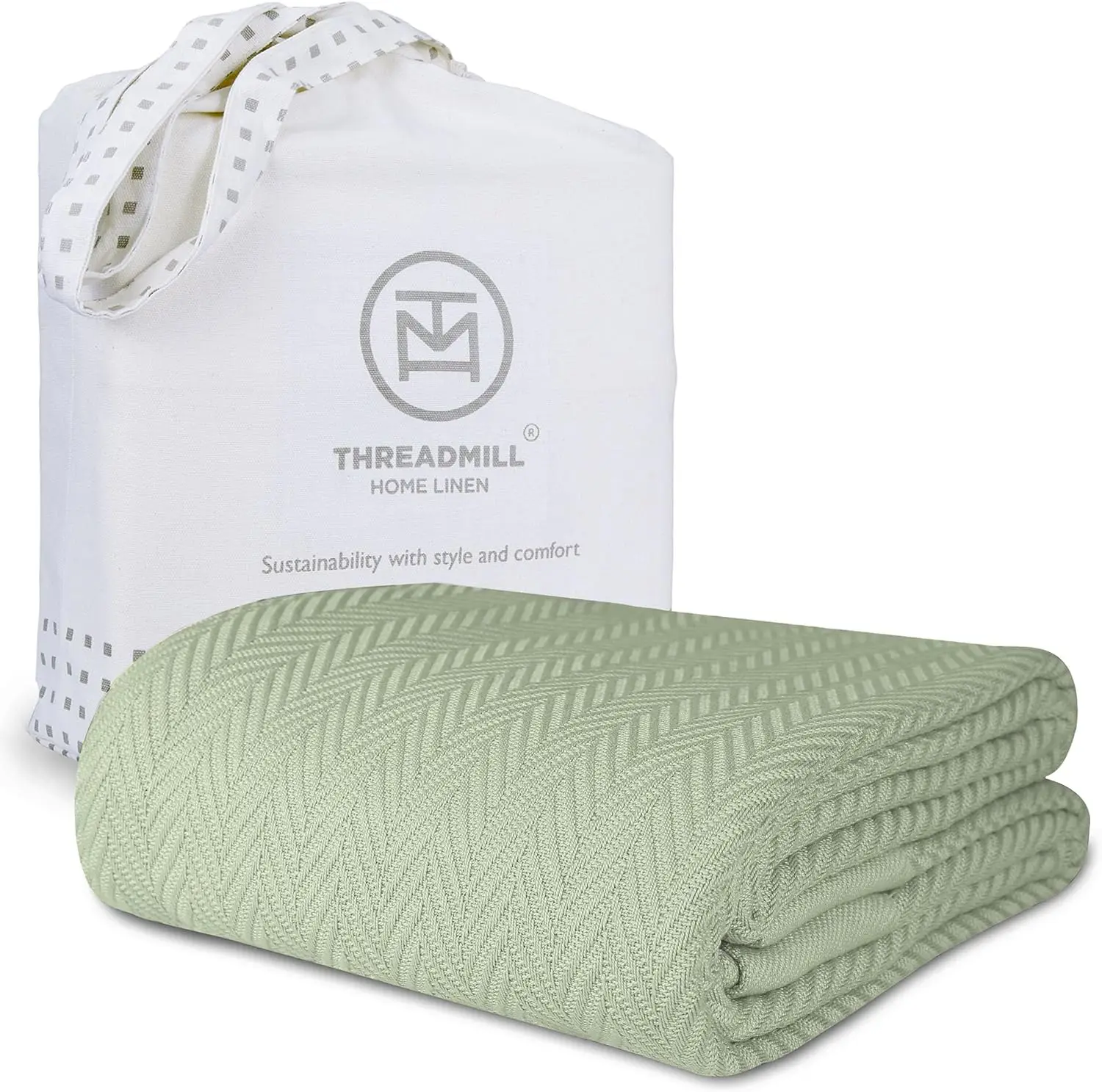 

All-Season 100% Cotton Herringbone Blanket Queen Size 90x92 Soft Breathable Sage Green