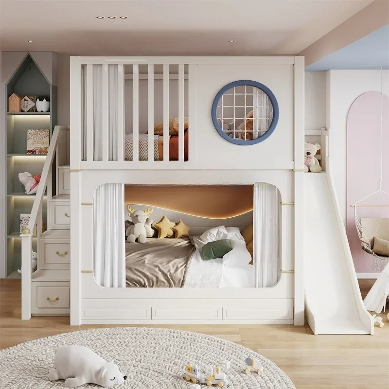 Modern Luxury Kids Bunk Bed - Twin Over Twin High Guardrail - Storage Drawers for Boys & Girls