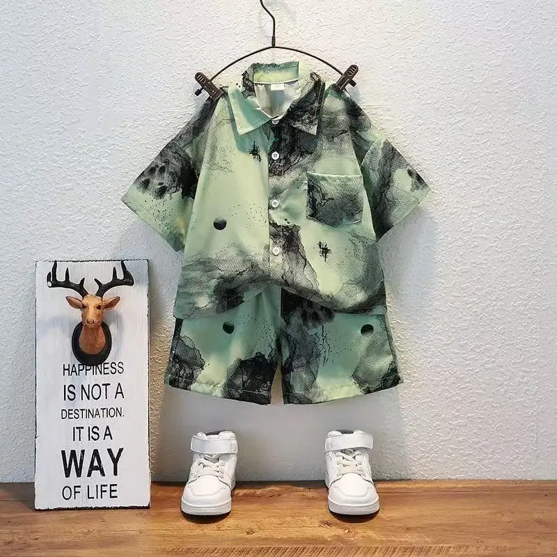 Kids Clothes Sets New Summer Baby Boys Short Sleeve Lapel Tie-dye Print Shirt Top with Shorts Children Casual Clothing