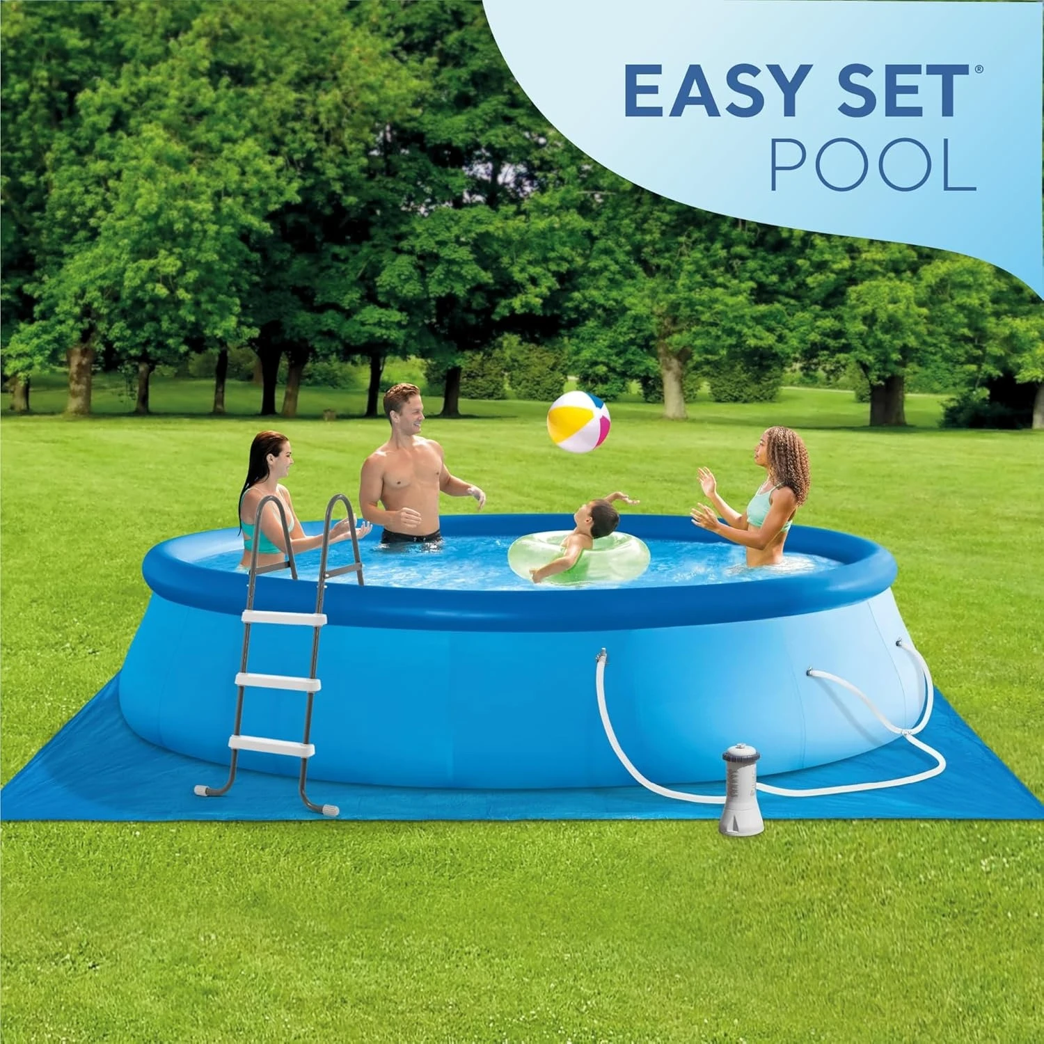 26165EH مجموعة حمام سباحة سهلة الاستخدام قابلة للنفخ: 15 قدم × 42 بوصة - تتضمن مضخة فلتر خرطوشة 1000 GPH - سلم قابل للإزالة #3