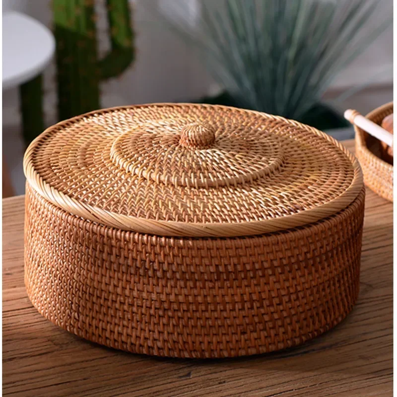 Korean Home Storage Baskets Natural Vine Weaving Fruit Tray Dust Belt Cover Organize Baskets Retro Round Storage Box