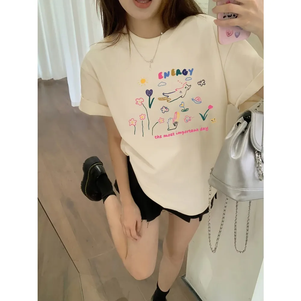 

Cartoon Print Crew Neck T Shirt Casual Women Cotton Print Short Sleeve Versatile Summer Plus Sized Loose Top Tee