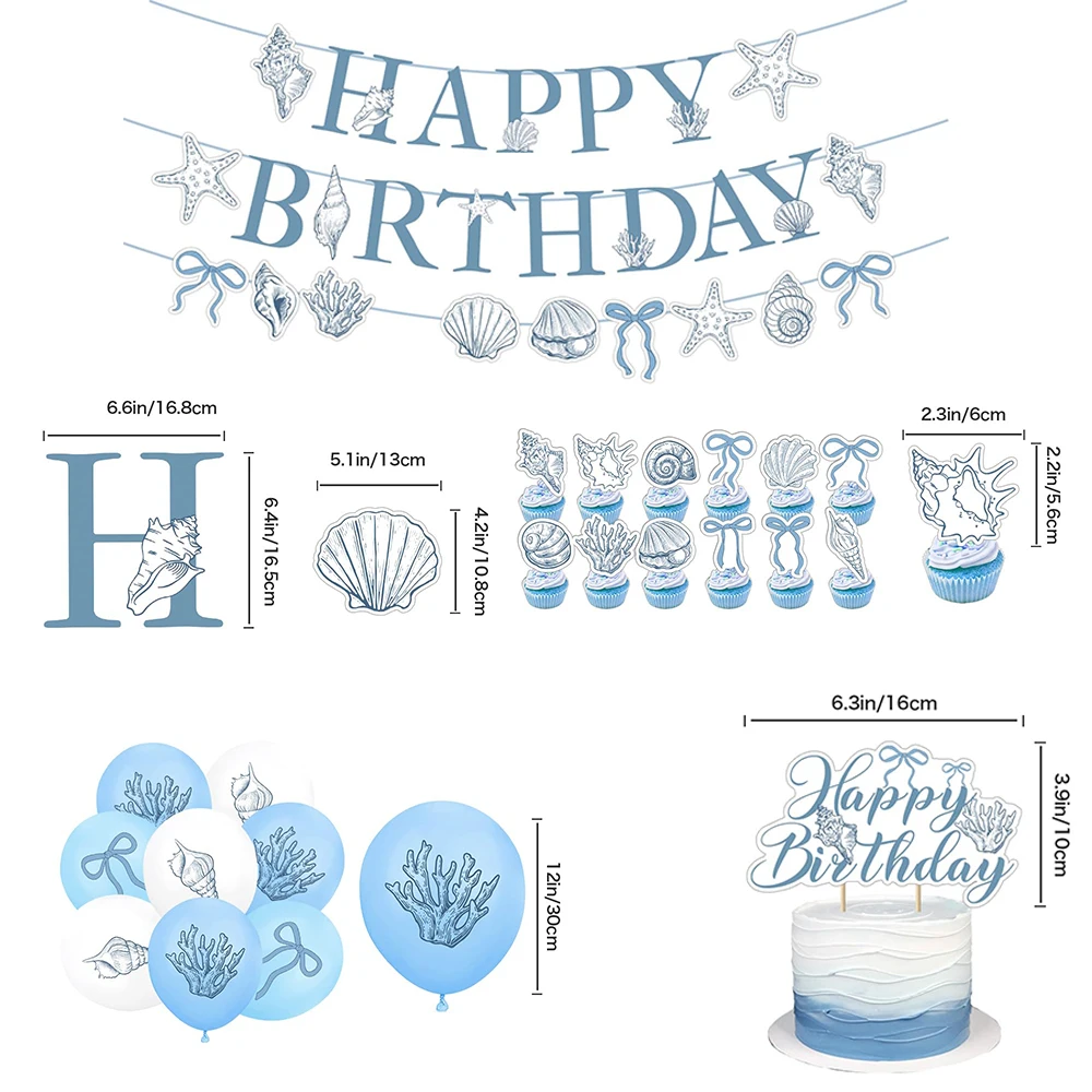Elegant Ocean Mermaid Birthday Party Decorations Blue Bow Starfish Shell Coral Garland Banner Cake Topper Balloons Baby Shower view 2