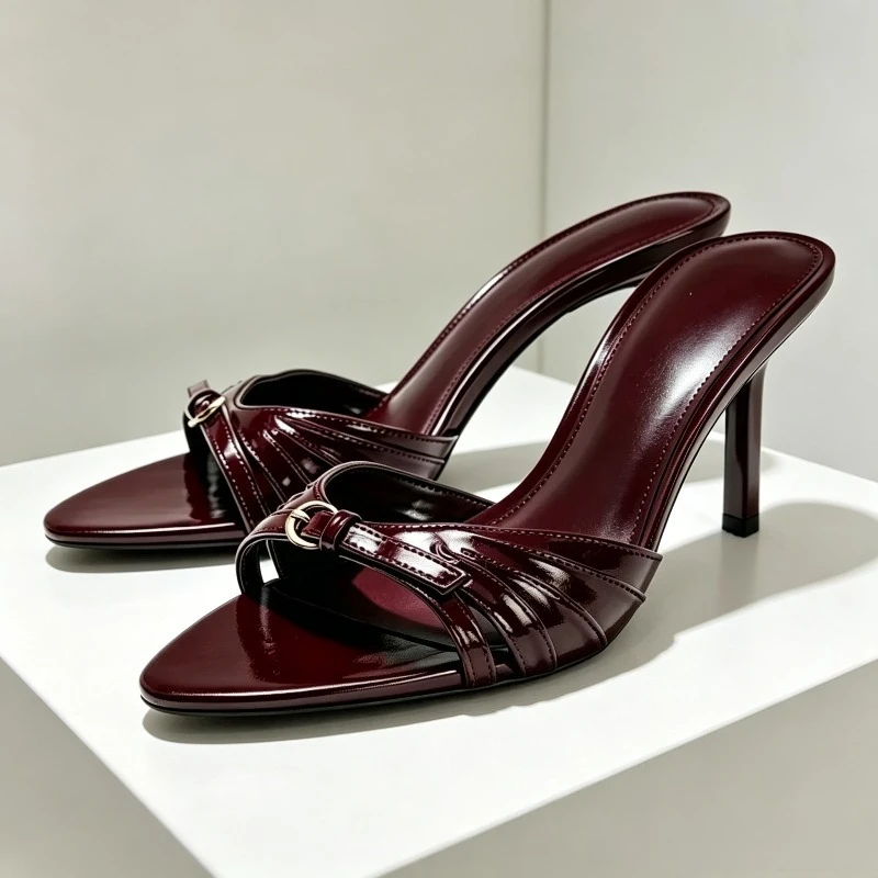 Burgundy Metallic Buckle Detail Mules Sandals Women Fashion Narrow Band Slide Sandals for Ladies Sexy Open-toe Designer Shoes