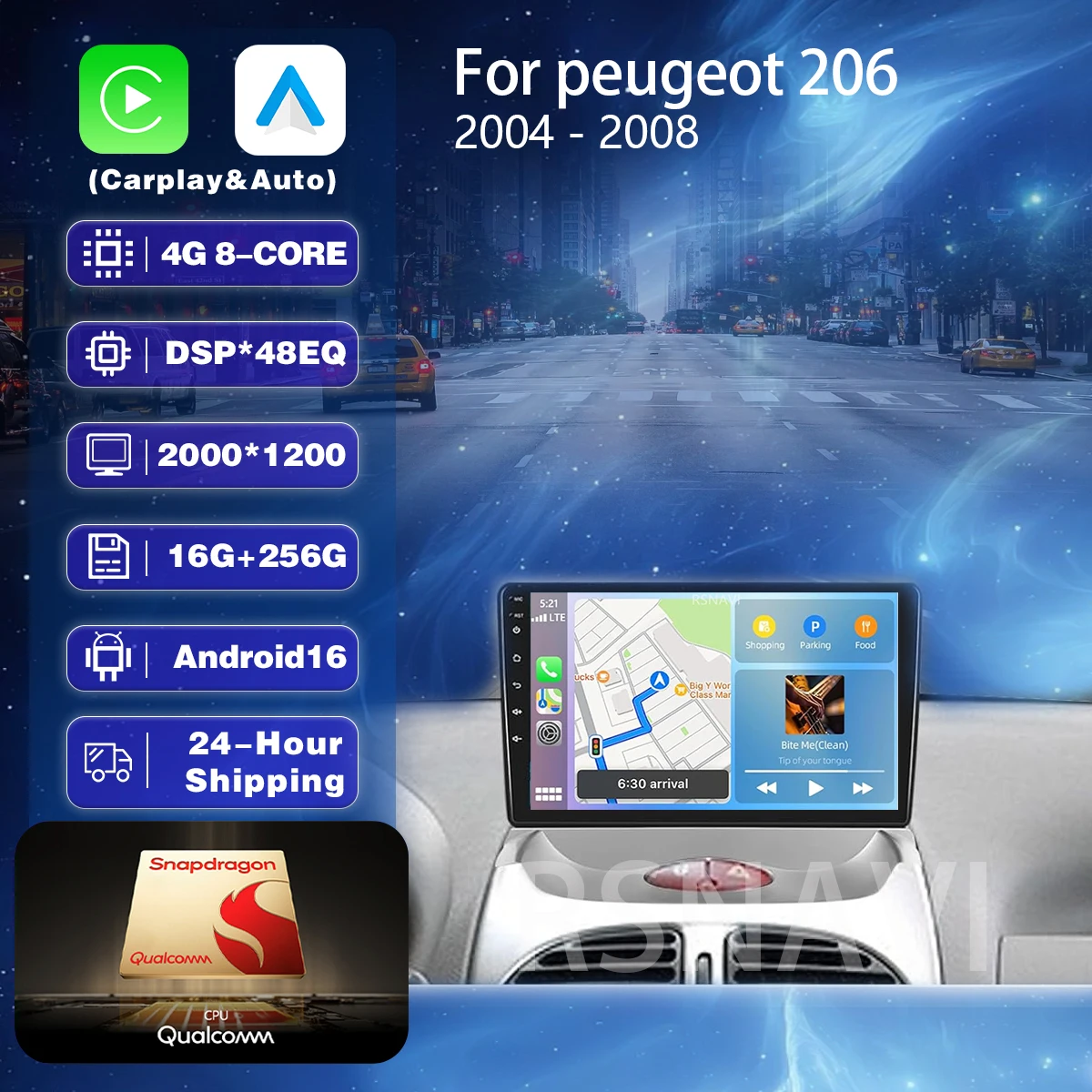 Für Peugeot 206 2004 - 2008 Citroen C2 2006 - 2013 RSNAVI Android 16 Carplay Auto Qualcomm 2K Bildschirm Autoradio-Player Haupteinheit