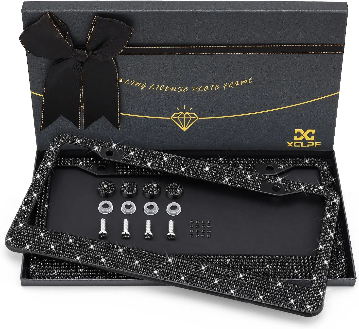 

Блестящая рамка для номерного знака из нержавеющей стали с более чем 1000 прозрачными стеклянными стразами, подарочная коробка в комплекте (2 шт.)