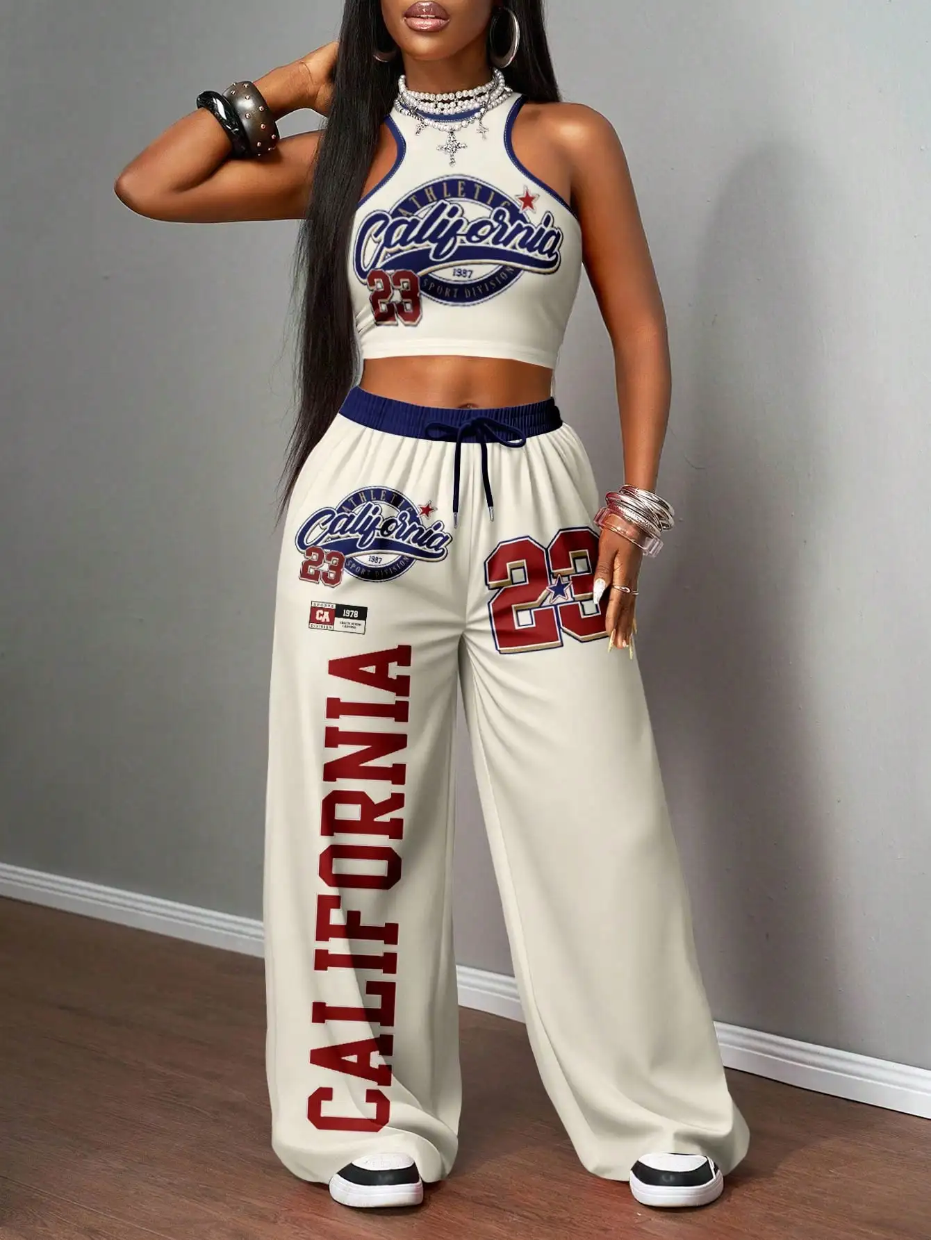 レディース カリフォルニア 23 グラフィック クロップトップ & ワイドレッグ パンツ セット、ストリートウェア カジュアル ウェア