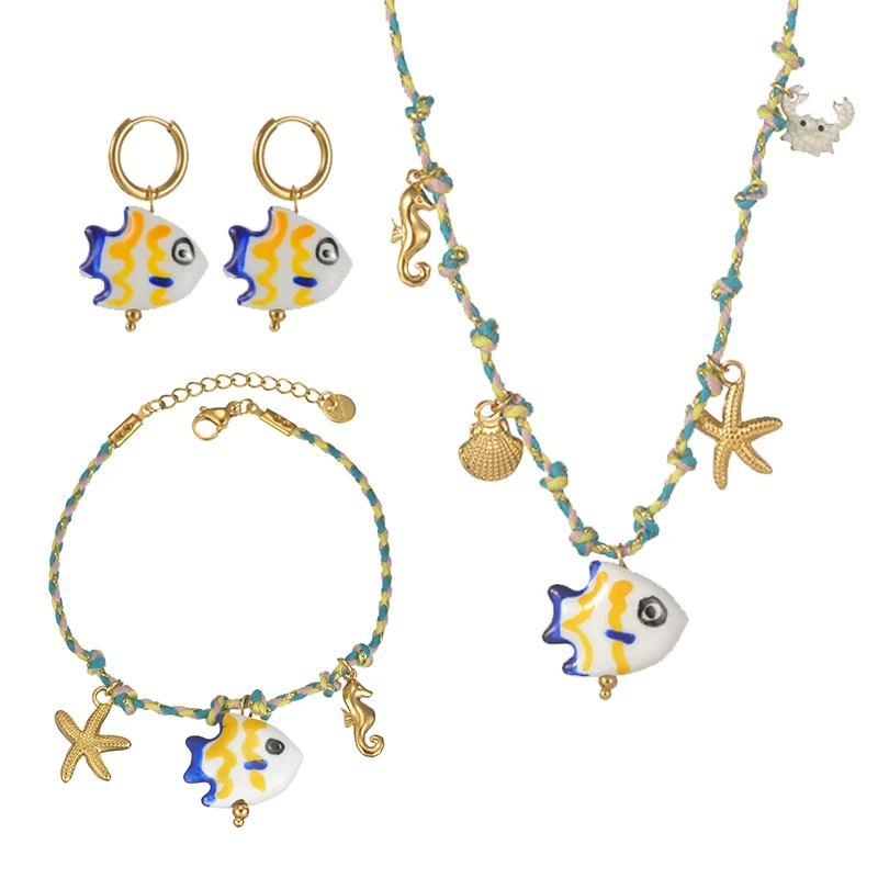 اليدوية حبل مضفر السيراميك الأسماك سحر أقراط سوار قلادة للنساء الصيف المحيط اكسسوارات طقم مجوهرات هدايا