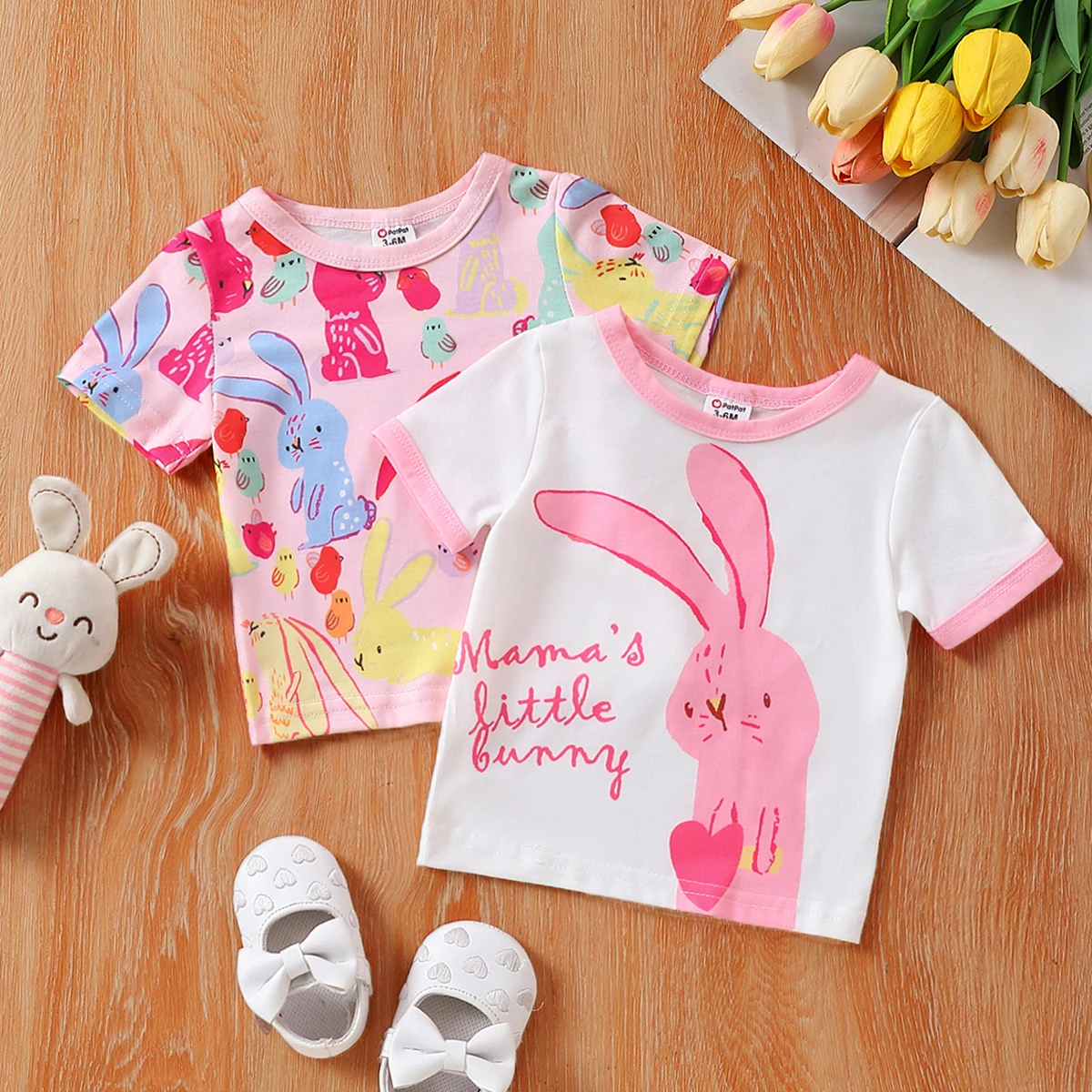 PatPat Baby Girls Easter Childlike Rabbit Tee 