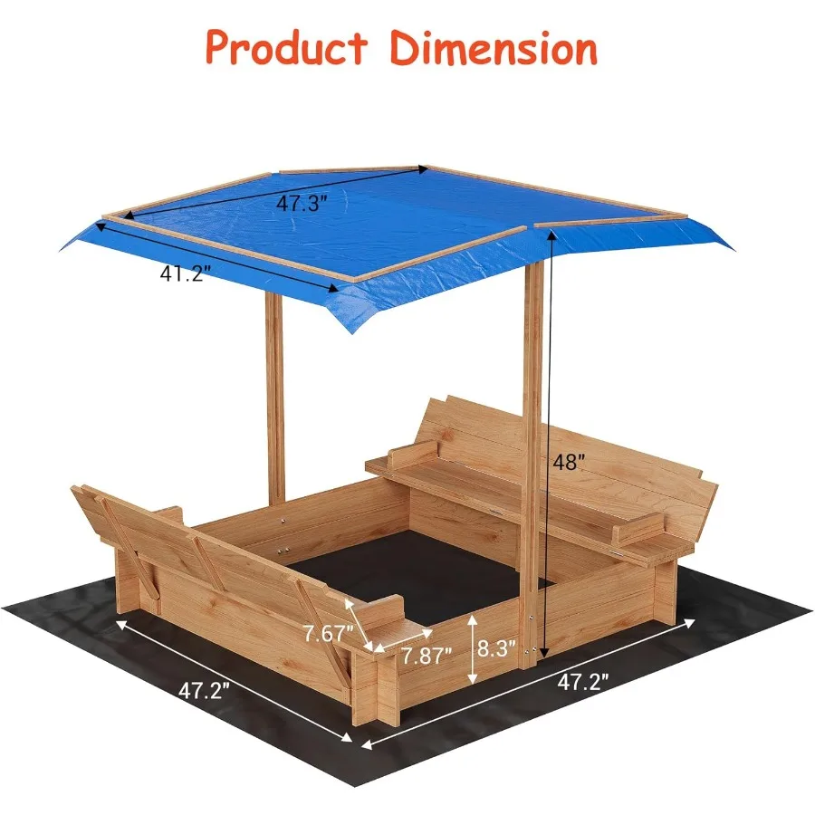 Bac à sable en bois avec couvercle bac à sable avec auvent extérieur avec couvercles et sièges de banc pliables toit résistant aux UV et à hauteur réglable