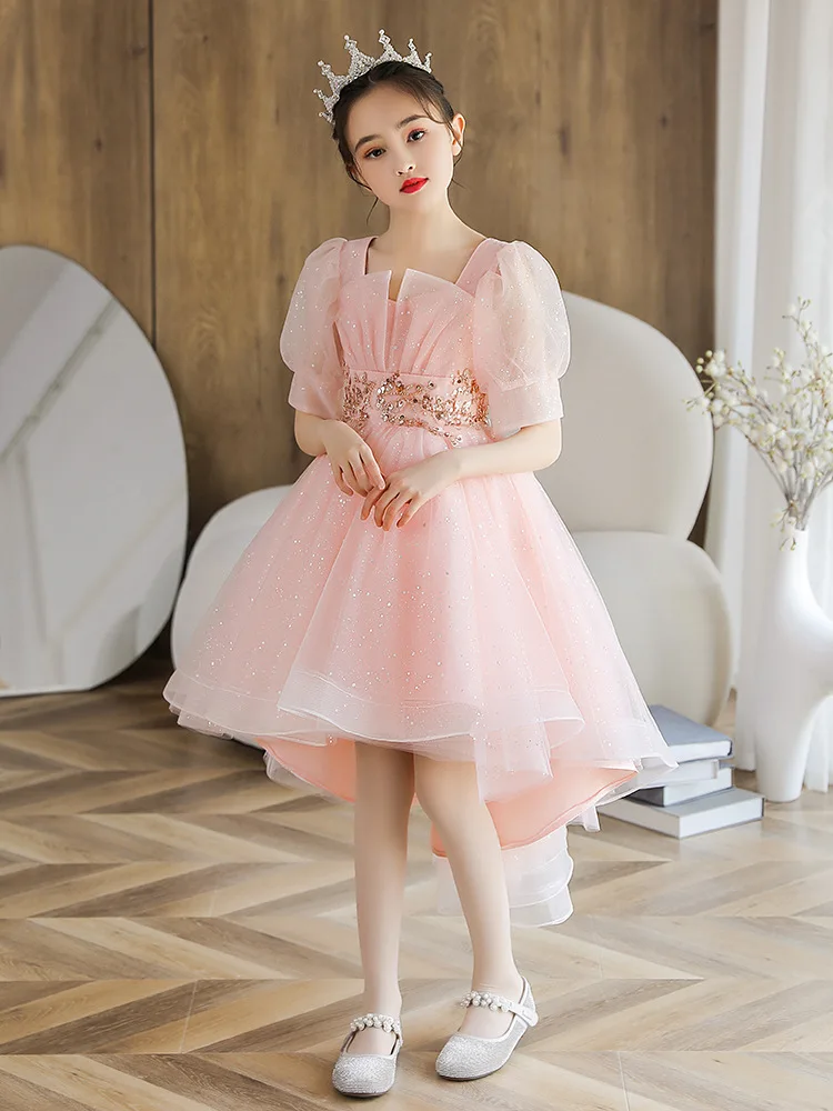 Girls Birthday Gift Elegant Tulle Party Gowns Princess Pink Sequins Beading Wedding Dresses Stage Wear