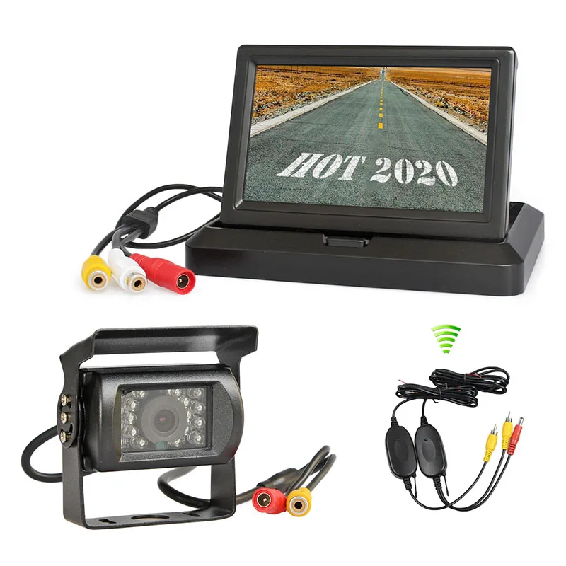 SMALUCK Wireless 5inch Foldable TFT LCD Monitor HD Waterproof IR Night Vision CCD Rear View Car Camera for Truck Caravan Bus Van