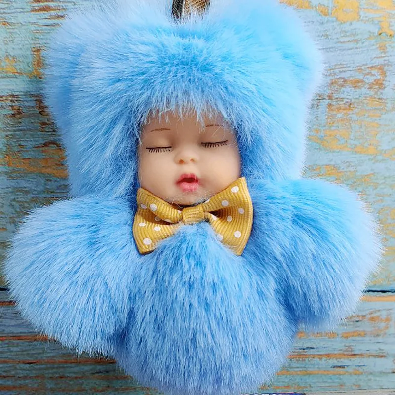 Fashion Sleep Baby Key Chain Faux Rex Rabbit Fur Women Bag Keychain Trinket Jewelry Party Wedding Toy Men Car Key Ring Girl Gift