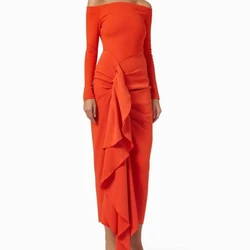 Carolina Off the Shoulder Evening Dresses Orange Long Sleeves Open Back Mermaid Simple Robe De Mariée Party Gown Women