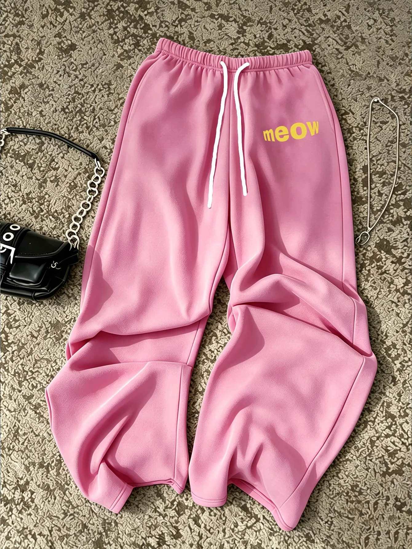 Womens Pink Wide Leg Sweatpants Simple Yellow 