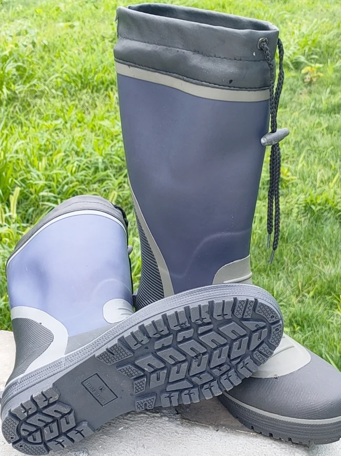 Men's High-Tube Anti-Slip Waterproof Rain Boots Thick Outdoor Fishing Water Shoes Rubber Slip-On Casual Wave Pattern